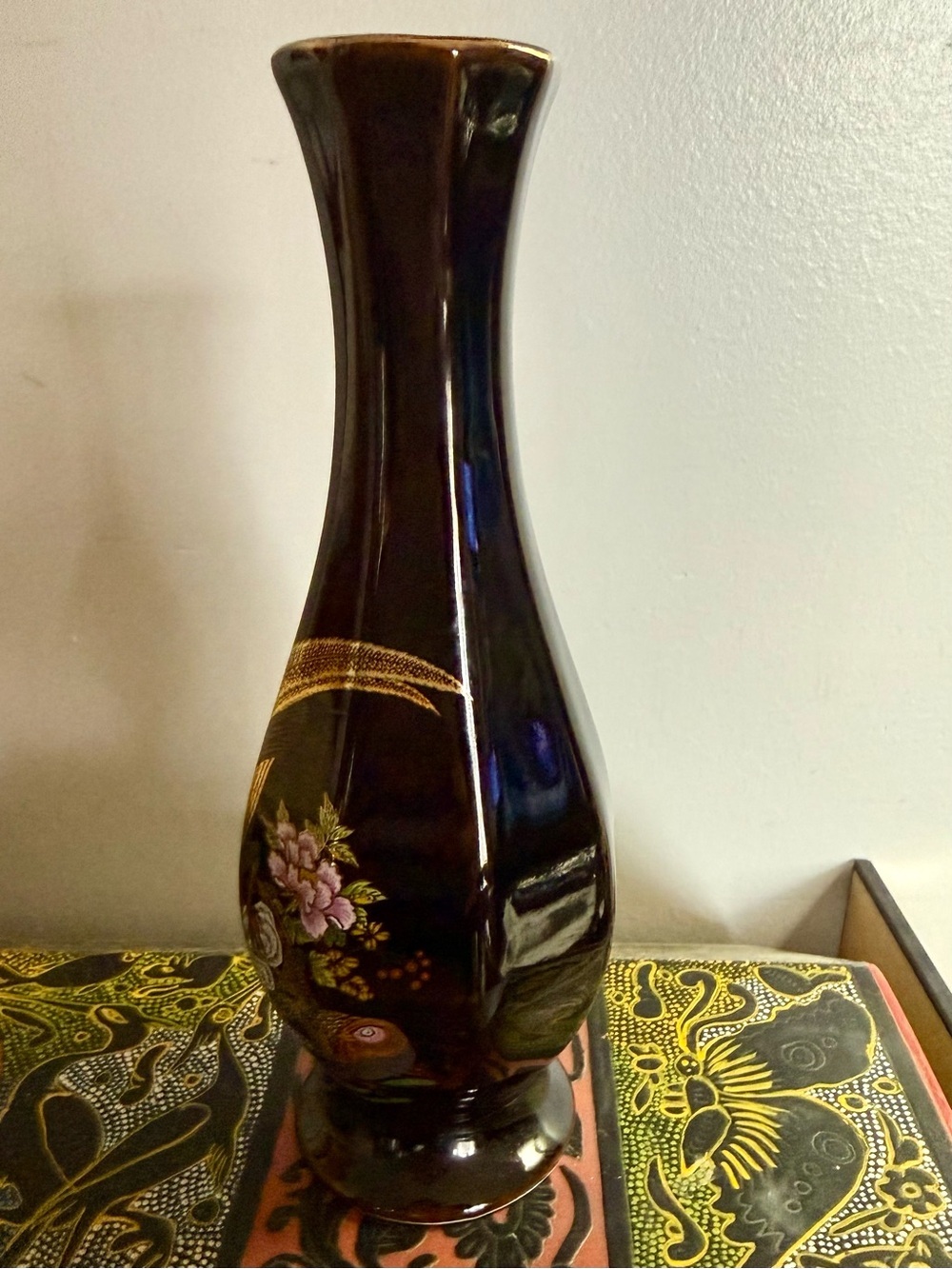 Vintage Japanese Brown Porcelain Vase Gold Gilded Pheasant Floral Design - Picture 3 of 9